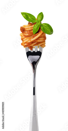 Fotografie spaghetti on fork on white background