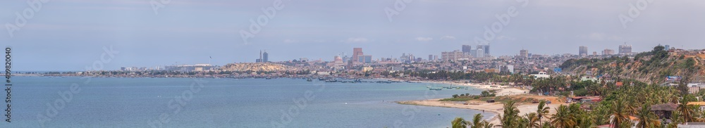 Panoramic aerial view of downtown Luanda, marine coast and beach, marginal and central buildings, in Angola