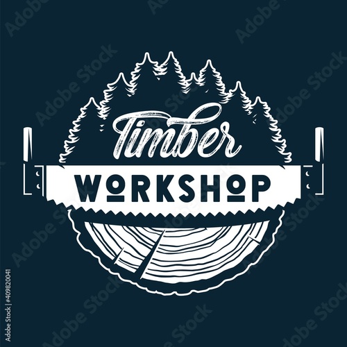 Carpentry logo. Slice of wood. Monochrome emblem of wooden stump and saw for handyman craftswork