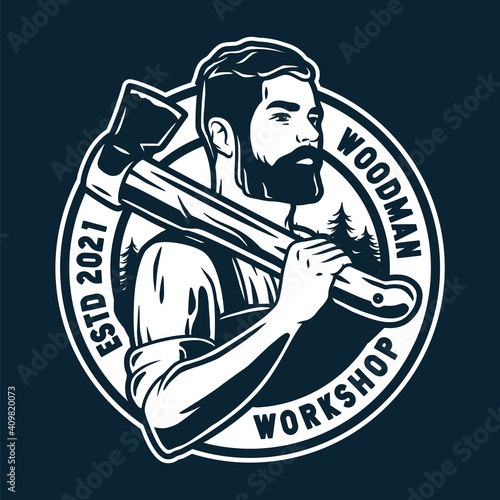 Silhouette of carpenter or axeman. Woodworker and logger with axe in his hands. Monochrome logo of beardeded lumberjack