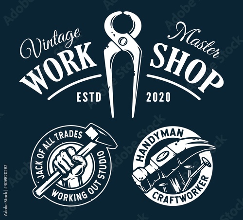 Set of carpentry logos with tongs, hammer and nails for workshop or craft studio. Carpenter tool for repair, professional carpentry work