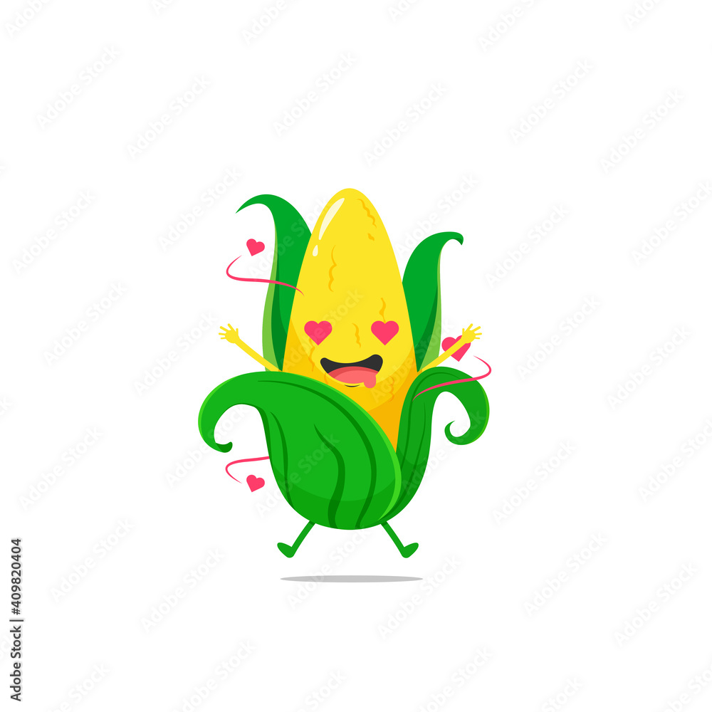 Fototapeta premium Corn character falling in love isolated on a white background. Corn character emoticon illustration