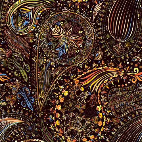 Vintage floral motif ethnic seamless background. Abstract lace pattern. Ability to edit the colors, without losing seamlessly. Hand drawing colorful wallpaper.
 EPS10 vector texture.
