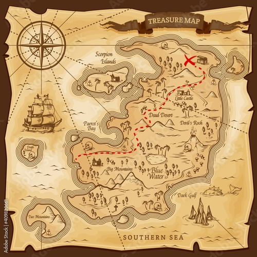 Map treasures paper parchment, pirate treasury, vector nautical travel discovery. Vintage treasure map, ship on skull island, sea adventure, chest with gold treasure X spot, compass and ocean monster