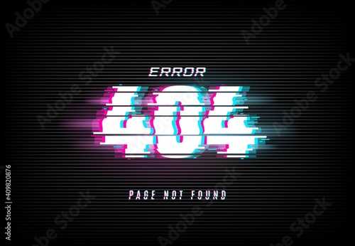404 error, page not found in glitch effect style with vector distorted horizontal glitched lines and neon glowing typography on dark background. Website under maintenance, lost internet connection