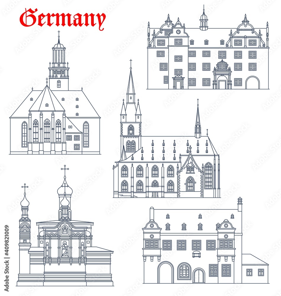 Germany landmarks architecture, German Darmstadt buildings of churches and cathedrals, vector icons. Germany orthodox St Maria Magdalena and Saint Valentin kirche, Rathause town hall in Kiedrich