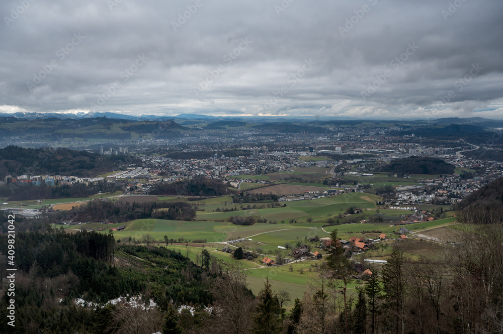 view from Bantiger over Bern on a cloudy winter day