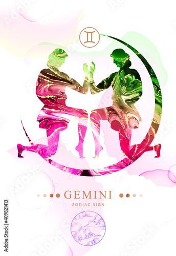 Modern magic witchcraft card with astrology Gemini zodiac sign  with alcohol ink texture. Zodiac characteristic. Marble texture background