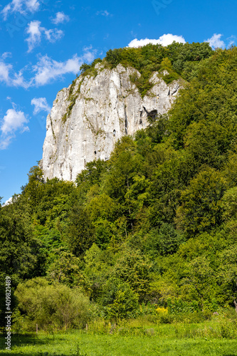 Sokolica mountain limestone peak in Bedkowska Valley within Jura Krakowsko-Czestochowska upland near Cracow in Lesser Poland
