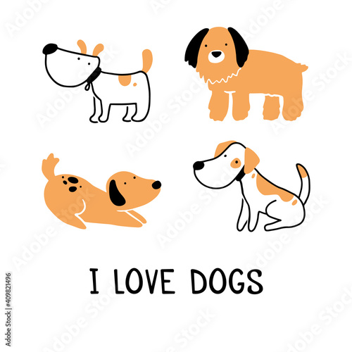 Set of cute puppy dog pet. Happy and funny dog collection. Cartoon animal character illustration.