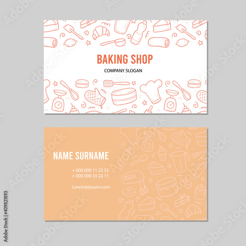 Hand drawn template with baking and cooking tools, mixer, cake, spoon, cupcake, scale. Doodle sketch style. Illustration for baking shop, bakery business card design.