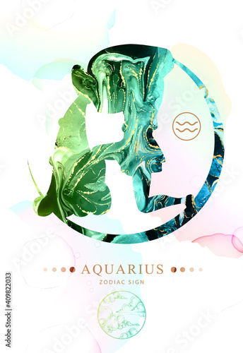 Modern magic witchcraft card with astrology Aquarius zodiac sign  with alcohol ink texture. Zodiac characteristic. Marble texture background