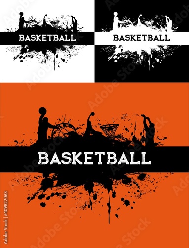 Basketball tournament, streetball game grungy backgrounds with paint smudges and player silhouettes jumping to hoop with ball. Ball game competition and championship vector banners