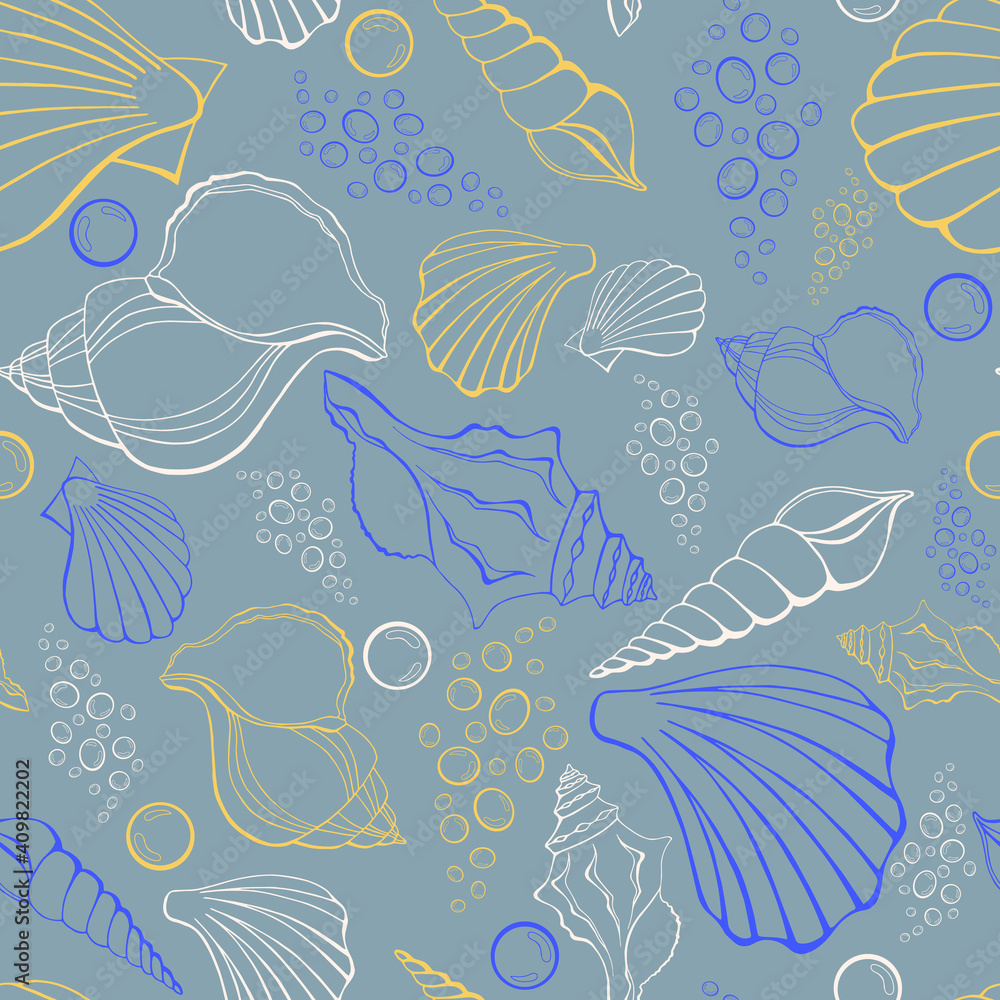 Modern flat outline sea shells & bubbles seamless pattern for fabric, textile, apparel, interior, stationery, wrapping paper, scrapbooking. Trendy marine endless texture. Exotic ocean shells contours. Modern flat outline sea shells & bubbles seamless pattern for fabric, textile, apparel, interior, stationery, wrapping paper, scrapbooking. Trendy marine endless texture. Exotic ocean shells contours.