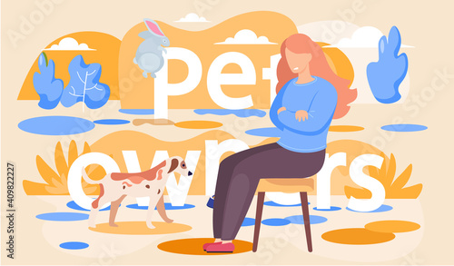 Girl is sitting on the chair. Owner of the puppy resting on the street. Free time outing with a pet. Female character is playing with small domestic animal. Woman is looking angrily at the dog