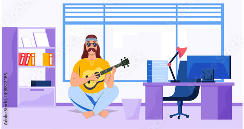 Male bard sitting with ukulele in office. Musician plays strings on instrument. Person creates music. Guitarist composes songs and plays his own melody on guitar. Mustachioed man singing at workplace
