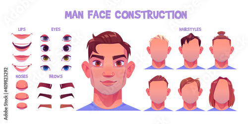 Man face constructor, avatar of caucasian male character creation heads, hairstyle, nose, eyes with eyebrows and lips. Facial elements for construction isolated on white background, cartoon vector set