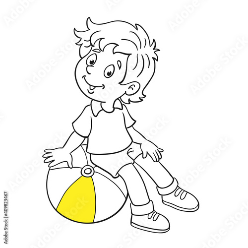 Funny little boy sitting on a big ball.  Black and white contour picture with yellow accent. In cartoon style. For coloring book. Vector illustration.