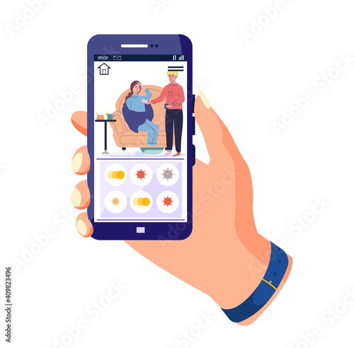 Girl holding phone with photo of treatment process. Guy gives pills to sick girl with headache. Prevention of spread of colds and coronavirus. Editing photo on subject of coronavirus. Man treats woman
