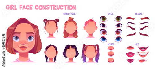 Girl face construction, avatar creation with different head parts isolated on white background. Vector cartoon set of young woman or child eyes, noses, brows and lips. Skin pack for face generator