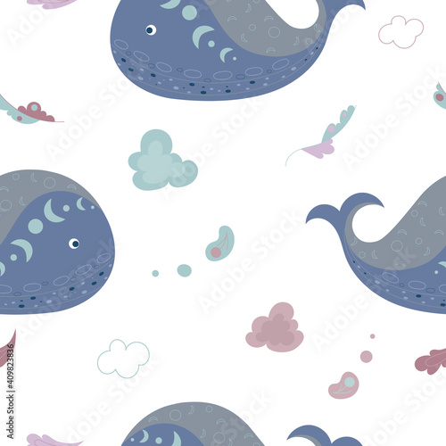 Seamless pattern whale. Cartoon blue whale and flowers. Undersea world. Vector illustration.