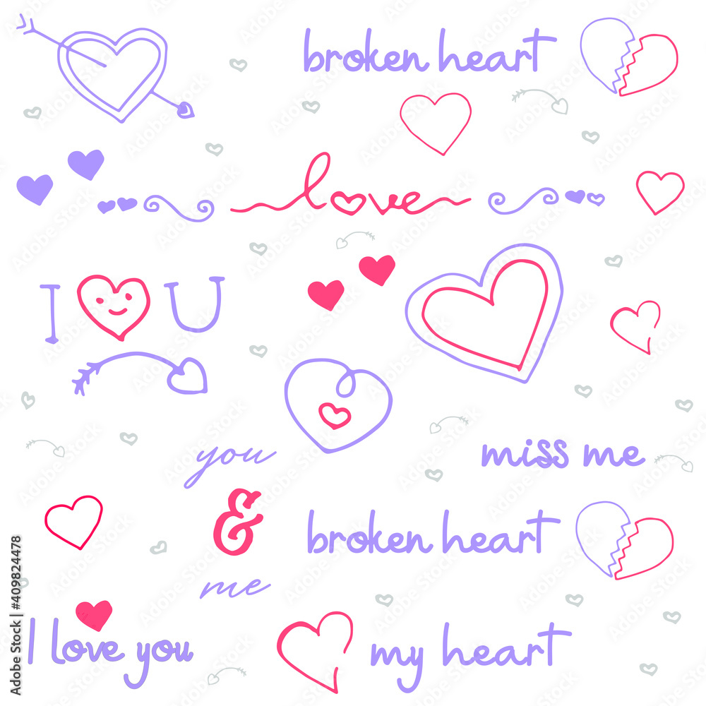 Heart shape and love lettering doodle vector in pastel pink and purple colour