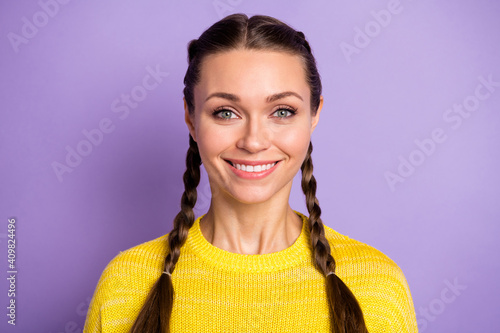 Konstfotografi Photo of shiny adorable young lady pigtails dressed yellow sweater smiling isola
