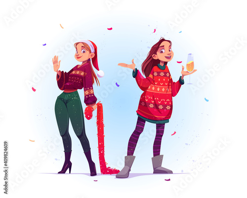 Young women in ugly sweaters celebrate Christmas and New Year. Vector cartoon illustration for xmas greeting card with girls in knit jumpers and red santa hat with champagne and tinsel