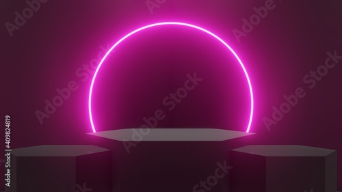 Fototapeta Naklejka Na Ścianę i Meble -  Abstract Black Room Concept And display stands Three hexagons And a loop of neon glowing pink light - 3D rendering
