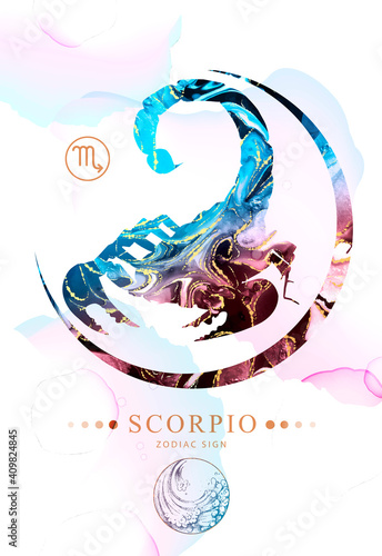 Fotografia Modern magic witchcraft card with astrology Scorpio zodiac sign with alcohol ink texture