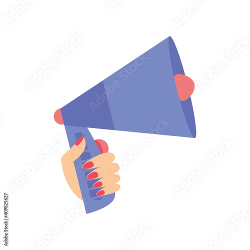 womens day, female hand with megaphone activist in cartoon style