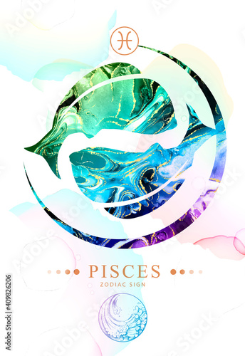 Modern magic witchcraft card with astrology Pisces zodiac sign with alcohol ink texture. Zodiac characteristic. Marble texture background