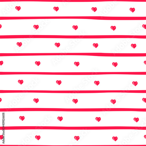 Seamless pattern with hand drawn style hearts and stripes. Vector illustration for textiles and fabrics, wallpapers, Happy Valentine's day.