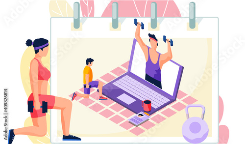 Man and woman athletes doing lunges with dumbbells near the laptop. People repeat exercises behind a guy trainer on a computer monitor. Sports video blog. Online training. Workout at home