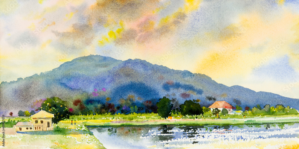Watercolor landscape painting colorful of family mountain with farm.