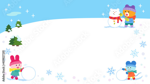 雪あそびをするクマ・ウサギ・ネズミ／フレーム