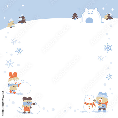 雪あそびをするクマ・ウサギ・ネズミ／フレーム／4色・シンプルカラー