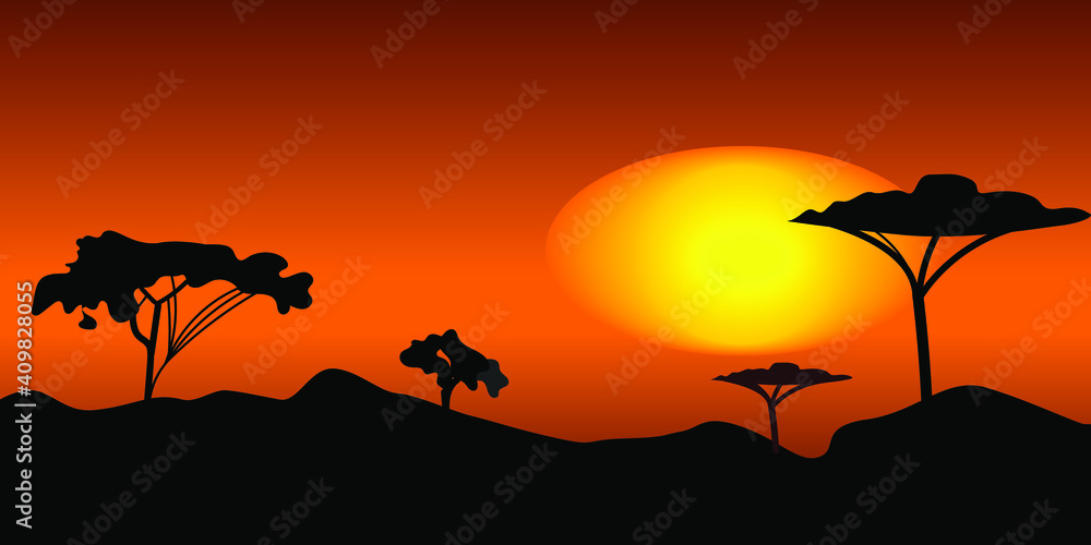 Sunset under Savana flat color vector illustration. Peaceful place with big African trees. Beautiful nature with cartoon landscape with big mountains on background