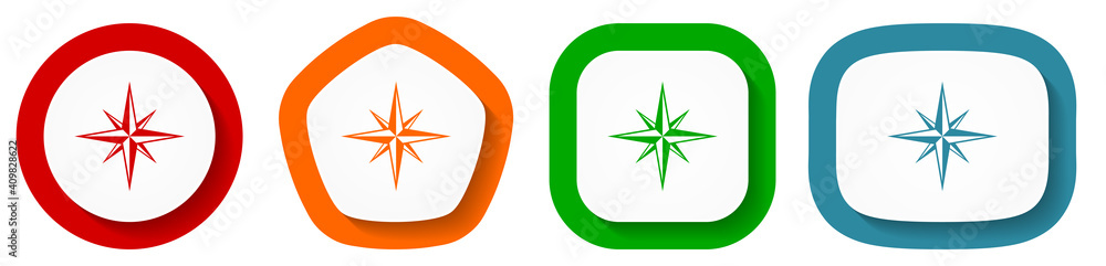 Compass vector icon set, flat design buttons on white background Compass vector icon set, flat design buttons on white background