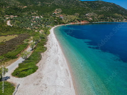 Aerial view of the famous Agios Dimitrios (Saint Demetrios) Beach in Alonnisos island, Sporades, Greece