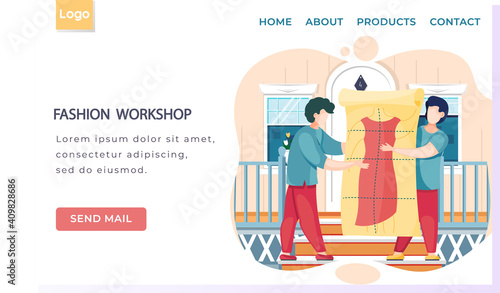 Fashion workshop landing page template designers making model. Dressmakers confer and looking at clothes pattern. Sewing workshop, atelier, custom clothing. Manufacture of modern handmade clothes
