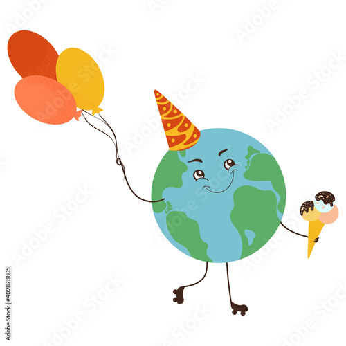 Cute Planet Earth is celebrating its birthday. Happy character on roller skates with balloons and ice cream in his hands. Flat vector illustration for world Environment Day banner or poster.
