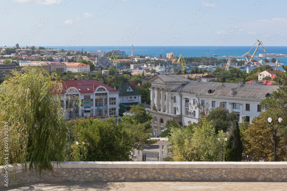 View from the main staircase of the memorial complex Malakhov Kurgan on the city of Sevastopol, Crimea