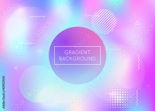 Dynamic shape background with liquid fluid. Holographic bauhaus gradient with memphis elements. Graphic template for brochure, banner, wallpaper, mobile screen. Fluorescent dynamic shape background.