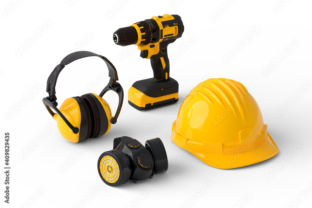 Set of construction tools for repair and installation on white background Set of construction tools for repair and installation on white background