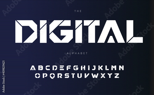 Digital urban alphabet, bold Futurism style letters. Geometric font with cutting line inside letters. Type for modern futuristic logo, headline, monogram and typography. Vector typographic design