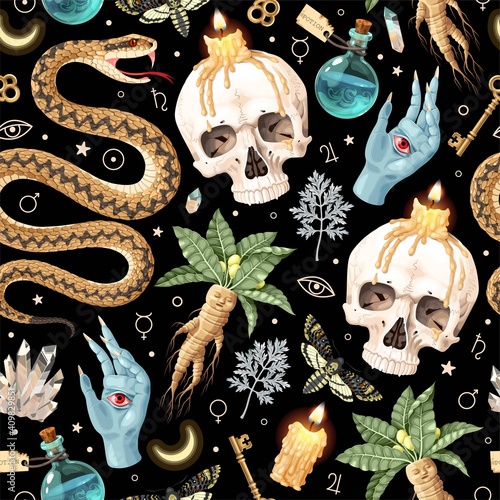 Seamless magic pattern with supply for witchcraft photo