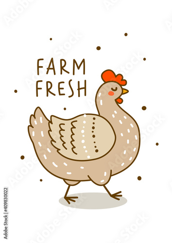 Cute chicken isolated on white - cartoon hen character for happy farm design