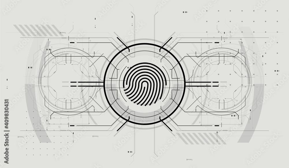 Fingerprint Scanning Technology Concept Illustration. Identification System Scanning. Finger Scan in Futuristic Style. Biometric id with Futuristic HUD Interface.