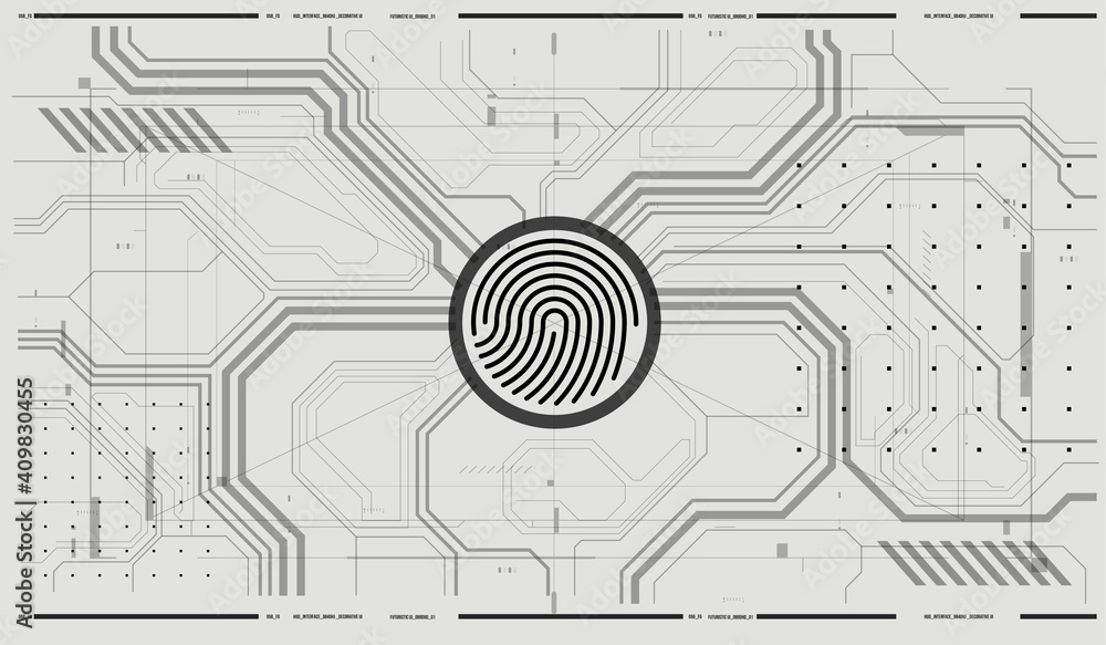 Finger Scan in Futuristic Style. Identification System Scanning. Biometric id with Futuristic HUD Interface. Finger Scan in Futuristic Style. Identification System Scanning. Biometric id with Futuristic HUD Interface.
